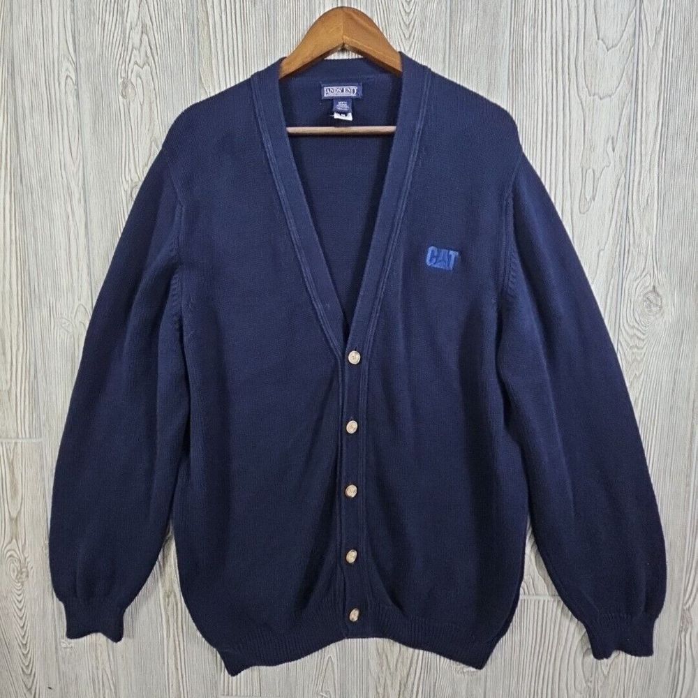 Lands End Caterpillar CAT Cardigan Sweater Mens‎ Large Blue Button Cozy Career